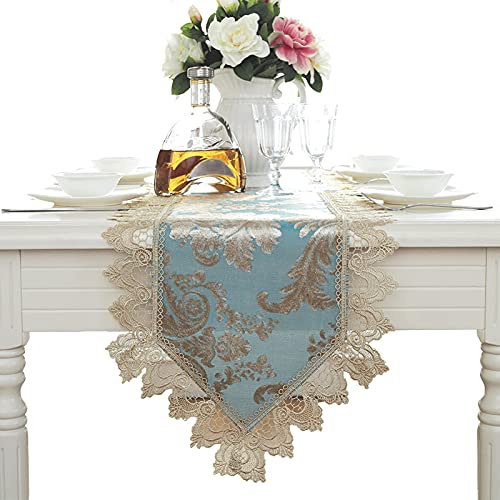 Chemin de table RENRUIRUI Vintage Élégant Tissu Jacquard Bleu avec Dentelle Macramé, pour Maison Ferme Table À Manger Commode Meuble TV Ou Décoration De Fête De Mariage (Size : 40 * 220cm)