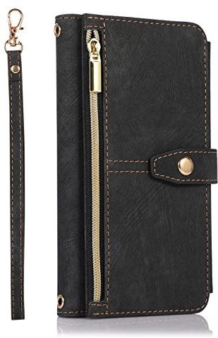ZCDAYE Wallet Case for iPhone SE/iPhone 7/iPhone 8, Premium Leather Phone Case Women Ladies Holster with Card Slots Wrist Strap Zipper Flip Phone Cover for iPhone SE/iPhone 7/iPhone 8, Black