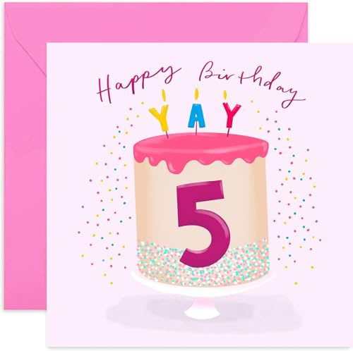 Old English Co. Geburtstagskarte zum 5. Geburtstag, Motiv: Mädchen, zum fünften Geburtstag, für Tochter, Enkelin, Nichte, blanko Innenseite und Umschlag