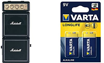Marshall MS-4 mini amplificatore portatile per chitarra da 1 watt di potenza & VARTA Longlife 4122- 6LP3146, Blocco da 9V, Batteria alcaline blocco E Ideali per rilevatori antincendio