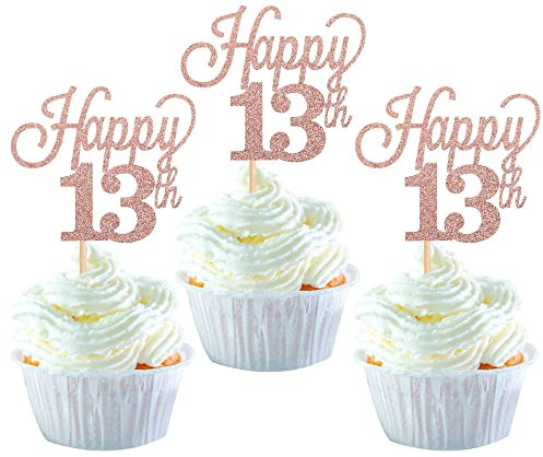 Pack of 24 13 Cupcake Toppers Glitter Happy 13th Birthday Cake Toppers Number 13 Eightteen Sweet 13 Birthday Wedding Anniversary Party Cake Decorations Accessories Rose Gold