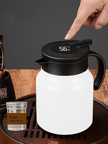 Carafe à café thermique avec infuseur à thé/Thermos intelligent à double paroi avec écran DEL/Carafe à thé en acier inoxydable/Théière (blanc)