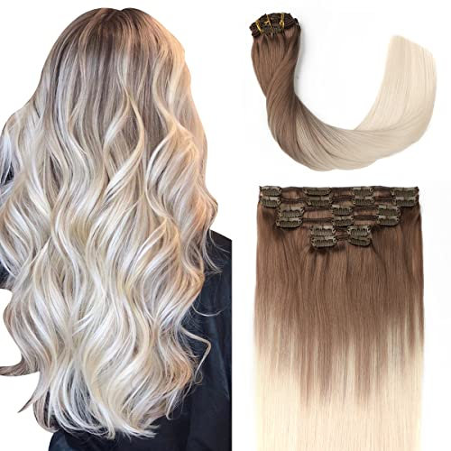 Sindra Echthaar Extensions Clip in 45cm 120g 6pcs Human Hair Haarextension Echthaar Ombre Ash Braun bis Platinblonde Haarverlängerung Natürliche Glatt C#8T60 18 Zoll