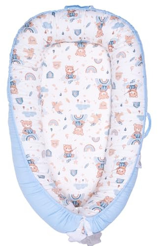 YGJT Babynest Pod für Neugeborene, Baby Lounger für 0-12 Monate Jungen Mädchen, 100% Baumwolle Baby Schlafnest, Baby Essentials für Neugeborene, Baby Geschenke (Bär Hellblau)