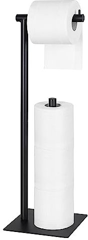 LIANTRAL Free Standing Toilet Roll Holder, Black Metal Paper Roll Holder, Floor Standing Toilet Paper Dispenser with Storage for 4 Spare Rolls
