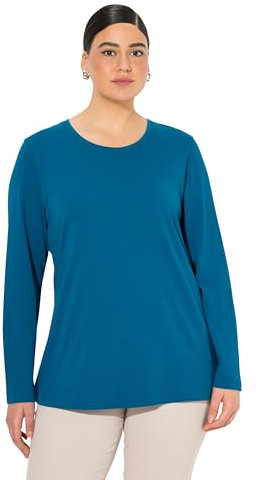 Ulla Popken Damen Shirt, Slim, Rundhalsausschnitt, Langarm, Blaugrün, 62-64 EU