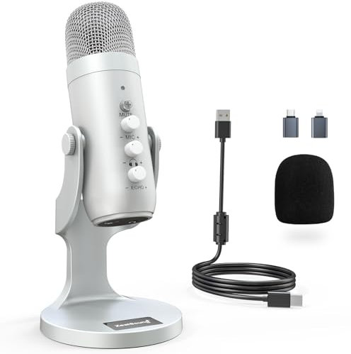 zealsound Microfono USB k66 Argento Podcast Microfono per PC Cellulare PS4&5, con Cancelling/Mute/Echo/Volume Knof, per gaming, registrazioni, streaming, Youtuber, compatibile con Mac, Winows