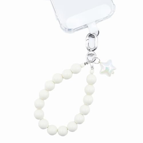Qyoocom Handyanhänger,Handykette Perlen Bunt Kurz,Handy Universal Perlen Schlüsselband Abnehmbares Geeignet für alle Smartphones mit 2 Patch (Weiss Perlen 14mm)