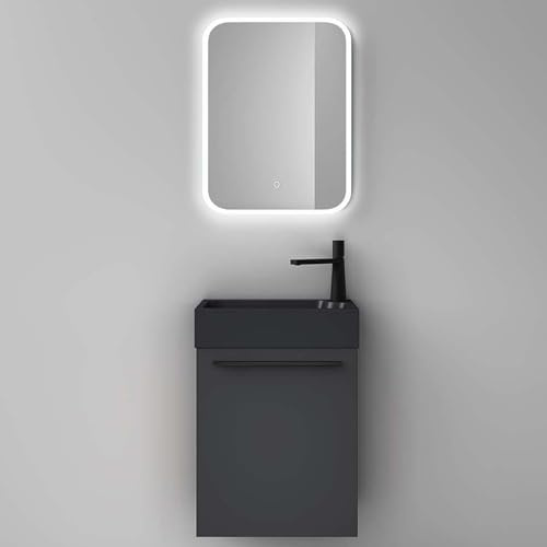 Mai & Mai Waschtisch mit Unterschrank BxTxH 46x26x63cm inkl. LED-Spiegel | Badmöbelset für Gäste WC, Waschbeckenunterschrank in Anthrazit Matt und Waschbecken Anthrazit matt Pisa