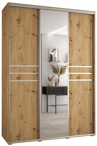 MEBLE KRYSPOL Davos 11 170 Schrank mit DREI Schiebetüren für Schlafzimmer - Moderner Schrank mit Spiegel, Kleiderstange und Regalen - 235,2x170x60 cm - Artisan Artisan Silber