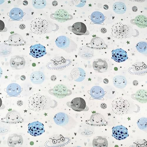 Textrend Baumwollstoff Stoffe Meterware - Stoff zum Nähen - 100% Baumwolle - Textilien 1x1.6m - Stoff mit Kindermuster (Blaues und grünes Smiley-Gesicht Planeten auf weißem Hintergrund)