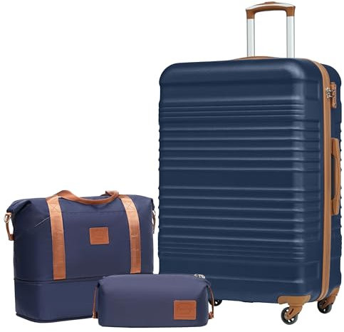 COOLIFE Koffer Set 3 Teilig, Gepäck Set Groß 28‘’ ABS Hartschale, Reisekoffer Große Kapazität 4 Rollen TSA-Schloss mit 1 Erweiterbare Reisetasche und 1 Kulturtasche für Reisen