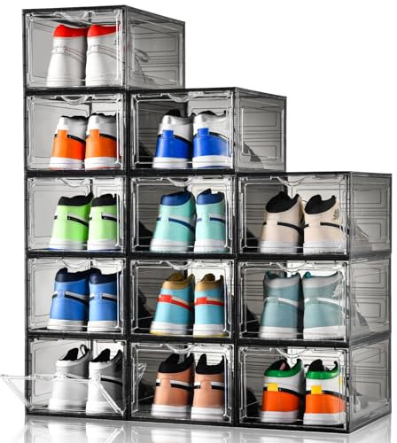 Clemate Schuh-Aufbewahrungsbox, Größe XL, 12 Stück, Schuhbox, transparenter Kunststoff, stapelbar, mit transparenter Tür, Schuh-Organizer für Sneaker-Display, passend für Größe 46, Ashy