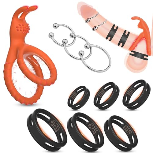 BDSMJOY 10-er Penisring Sex Spielzeug für die Männer,Neu Pennisring Dehnbar Silikon + Cockringe Extrem Edelstahl Hodenstrecker Ballstretcher,Cockring Penishülle Penis Ring Sleeve Sex Toyset Herren