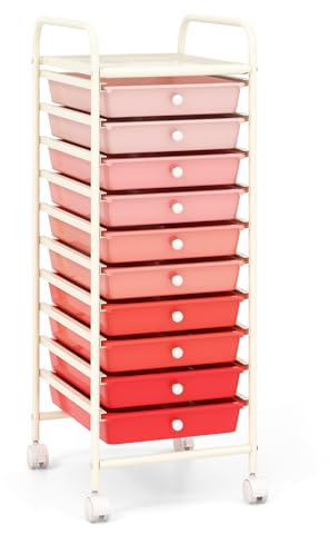 COSTWAY Rollwagen mit Schubladen Rollcontainer Badrollwagen Badtrolley Badregal Beistellwagen mit 10 stapelbaren Schubladen Metallgestell (Rosa Abstufung)