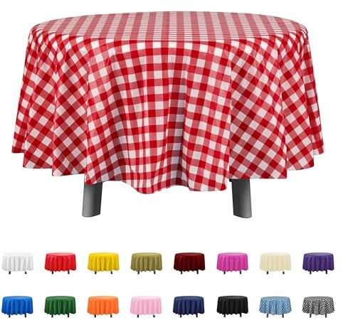 Eleclassi Kunststoff-Tischdecke, 213 cm, rund, für Tische bis 1,8 m, dekorative Abdeckung, rot und weiß kariert, 6 Stück