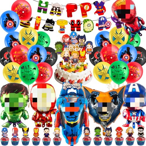 Birthday Party Decorations,40 PCS Hero Happy Birthday Banner Latex Balloons Foil Balloons Cake Topper Latex Balloon Cupcake Toppers for Kids Cartoon Theme Party Supplies Decorations Boys Baby Shower