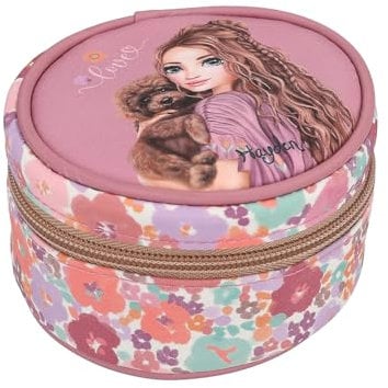 Depesche 13062 TOPModel Floral - Rundes Schmuckkästchen in dunklem Pink, mit Model Motiv und Blumen Muster, Schmuckbox mit Steppung
