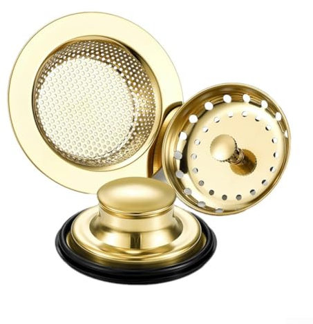 Kitchen Sink Drain Strainer and Stopper Gold,3Pcs Stainless Steel Kitchen Sink Drain Strainer Basket and Stopper Gold Kitchen Sink Drain Strainer Kitchen Sink Stopper Kit Basket