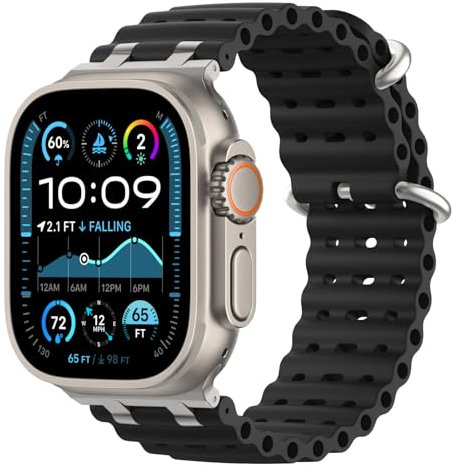 Astorgos Correas Ocean Compatible con Apple Watch Ultra2/Ultra 49mm,S10 46mm,9/8/7 45mm,SE2/SE/6/5/4 44mm,3/2/1 42mm,Correa de Reloj Deportiva con Conector Metálico para Hombre Mujer, Plata/Negro