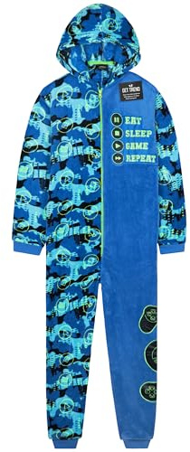 Get Trend Fleece Onesie for Boys Teens, Hooded Loungewear Warm Pyjamas, Gaming Cosy Jumpsuit Nightwear, Gamer Gifts for Boys (9-10 Years, Blue Gaming)