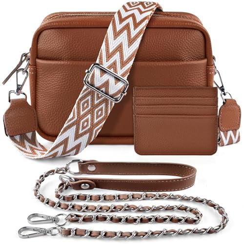 BROTOU Crossbody Bag for Women, Leather Handbag & Shoulder Bag with Adjustable Wide Strap, Chain Strap & 3-Slot Card Holder, Camera Cross Body Bag for Lady Girl Shopping Daily Use (A-Brown)