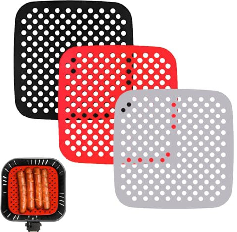XOXVURI 3 Piezas Alfombrilla Freidora Aire, Reutilizables Revestimientos de Silicona para Freidora de Aire, Antiadherentes,Rejilla Freidora Aire Cuadrada (Cuadrado, 19 CM)