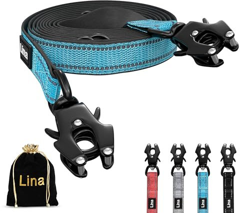 LINA HUNDELEINE – 3m –Verstellbare Doppelleine mit Neopren-Polsterung – rostfreier Frosch-Karabiner 175kg belastbar – Reflektoren – mittelgroße bis große Hunde – mit Aufbewahrungstasche – (Blau)