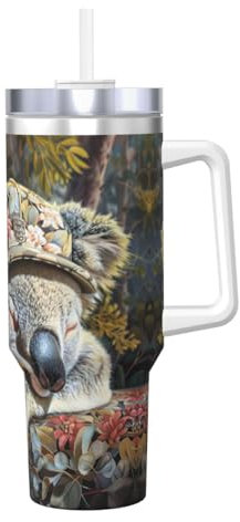 JIUTY Sleeping Koala Cap - Taza de viaje de 1,134.0 g con asa, taza de viaje de acero inoxidable, té helado, café, regalo