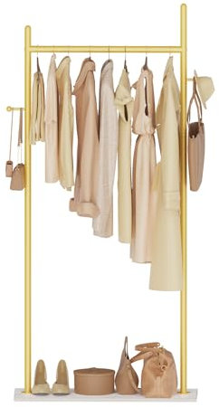 GUOHNHE Stabil Metall Garderobenständer, Große Freistehend Kleiderständer für Kleidung mit Rock Slab Base und 2 Haken, Modern Gaderobe, Jackenständer, 65 x 30 x 175 cm, Goldgelb, GYJ302LWJ