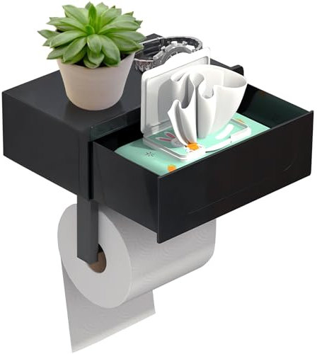 Abitzon Toilettenpapierhalter Ohne Bohren, Klopapierhalter mit Feuchttücherbox, Klorollenhalter mit Schublade Ablage, Papier Halterung für WC Badezimmer (Matt-schwarz)