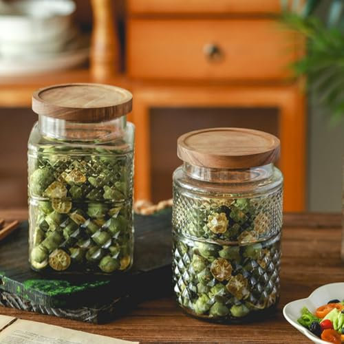 60FL OZ/2000ML - 2 PCS Glass Storage Jar with Acacia wooden cover Lids,Kitchen Containers Cereal Canisters Decorative Jar for Sugar,Flour,Candy,Tea,Coffee Beans,Oats,Pasta (2000ML Round and Square)