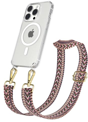 EAZY CASE Handykette - Verstellbares Taschenband kompatibel mit iPhone 15 Pro, Schulterriemen, Handykordel mit Silikon Hülle, Qi Charging kompatibel, Umhängetasche, Beere Pink Gold