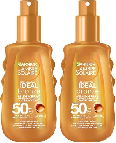 Garnier UV-Sonnenschutzspray für eine strahlende Bräune, Sehr hoher Sonnenschutz mit LSF 50, Wasserfest, Ambre Solaire Ideal Bronze Milk-in-Spray, 1 x 150 ml (Packung mit 2)
