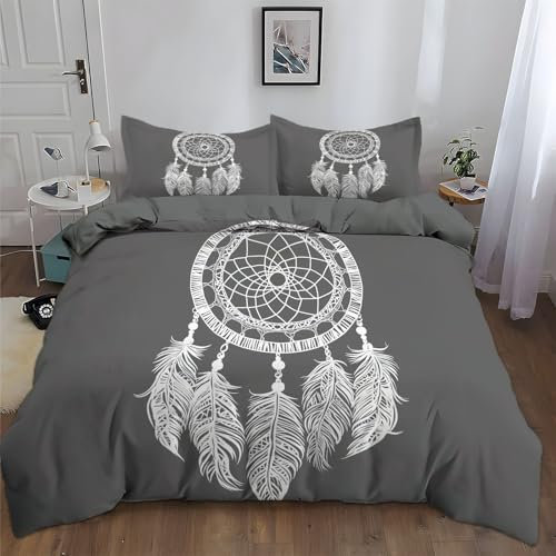 Fantasy Traumfänger Federn Bettwäsche Set Grau Microfaser Bettbezug Set 220 x 240 cm, Weich Bequem Atmungsaktives Bettwäsche mit Reißverschluss für Kinder Jugendliche Erwachsene