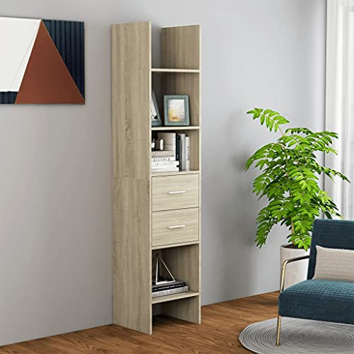 ULUYYUC Bücherregal Sonoma-Eiche Holzwerkstoff 40x35x180 cm Schmaler Hochschrank mit 4 Fächern und 2 Schubladen Modernes Standregal für Wohnzimmer und Homeoffice