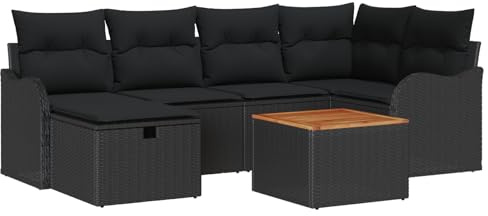 vidaXL 7-teiliges Garten-Sofa-Set mit Kissen in Schwarz aus Poly Rattan – modular und bequem für die Terrasse oder Lounge.