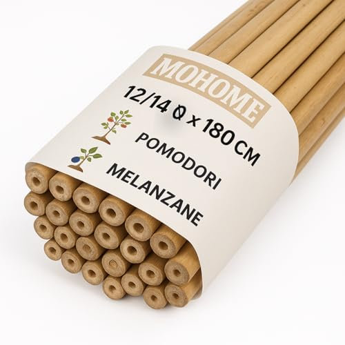MOHOME Canne Bambù Giardinaggio Naturali Set 25 Cannette 12/14 Ø x 180 cm Bastoncini Supporto Piante Orto Sostegni Tutore Pali Resistenti Rampicanti Giardino Pomodori Melanzane