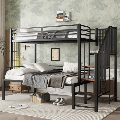 Rvjiahe Letto in ferro, letto a castello, adatto per bambini e ragazzi, cabina angolare con vano portaoggetti, ferro e MDF, nero+colore legno vintage, 90 x 200 cm e 120 x 200 cm