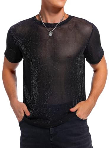 HAWILAND Men's Mesh Glitter Sparkly Top Sexy Shiny Sheer See Through Short Sleeve Disco Rave Party Club T Shirt Black M