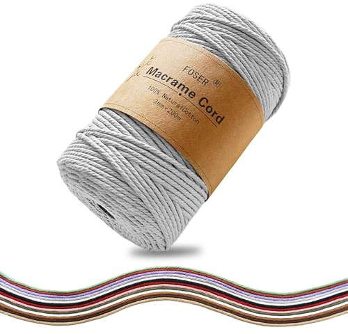 FOSER Premium Makramee Garn 3mm×200m, Baumwollgarn Baumwollkordel, für DIY Deko Handwerk Boho wanddeko (Perlgrau)
