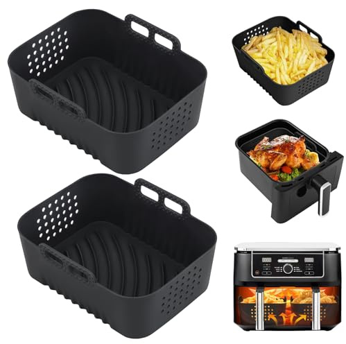 Alyvisun Molde Silicona Freidora de Aire, 2 Piezas Reutilizables para Recipiente Air Fryer para Cestas de 7,5L, 9L y 9,5L, Accesorios Antiadherentes, Ideales para Papas Fritas Crujientes (Negro)