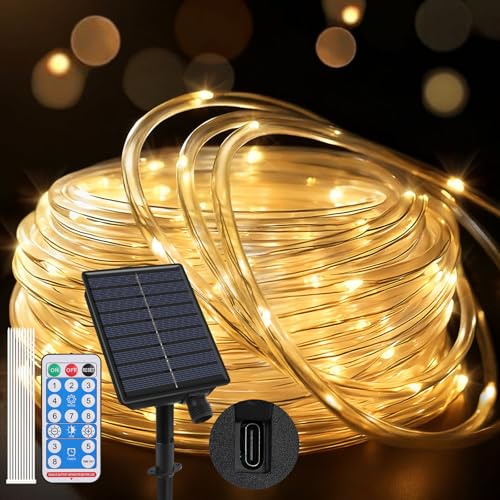 Seyaom 10m 100 LED Lichterschlauch Solar Außen Wetterfest Warmweiß | Lichterkette Outdoor Solar & Type-C Dual Aufladung, 8 Lichtmodi Aussen für Garten Terrasse Party Weihnachten Deko