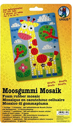 Ursus 8770004 - Moosgummi Mosaikbild, Giraffe, ca. 23 x 16 cm, selbstklebend, ein Blatt mit vorgedrucktem Motiv, ein Aufsteller, 384 Moosgummi Sticker in 6 Farben und 15 Schmucksteine