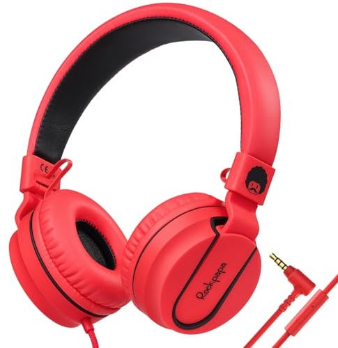 Rockpapa Kids Headphones, 952 Childrens Headphones, Wired Head phones with Microphone, Foldable, Stereo Sound, 3.5mm Jack On-Ear Headphone for School/Travel/Phone/Kindle/PC/MP3 (Red)