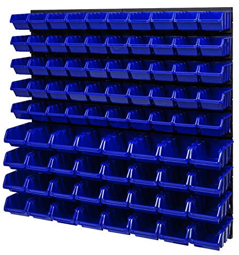 Stapelboxen Wandregal 772 x 780 mm - Lagersystem Sichtlagerkästen Schüttenregal - Wandplatten 82 Stück Blau Boxen