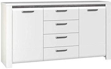 Forte Brugia Commode avec 2 Portes et 4 tiroirs, Panneau de Particules, Blanc combiné avec Aspect béton Gris foncé/Blanc Brillant, 75 x 88,7 x 161,1 cm
