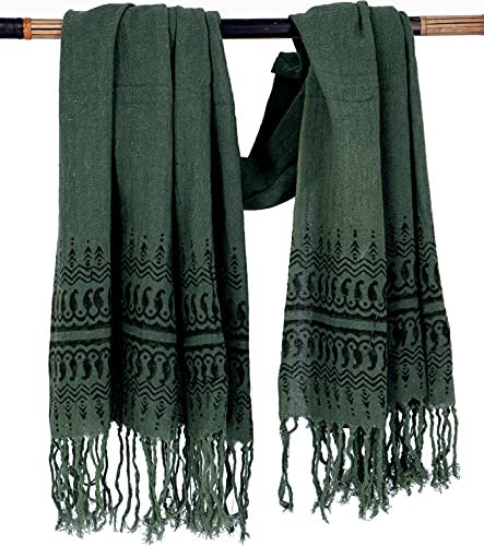 GURU SHOP Handgewebtes Baumwolltuch mit Tribalmuster, Blockdruck Webschal - Dunkelgrün, Herren/Damen, Baumwolle