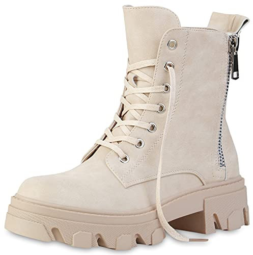 VAN HILL Damen Stiefeletten Plateau Boots Kroko Zipper Schuhe Blockabsatz Schnürer Lederoptik Plateauschuhe Schnürboots 201144 Beige Nude 37