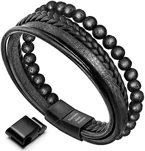Murtoo Leder Armband für Herren - Naturstein Lederarmband (23, Lava, Schwarz)